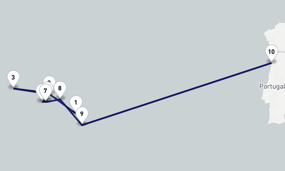 13 nights / 14 days, one-way from Ponta Delgada (Sao Miguel Island, Azores) to Porto
