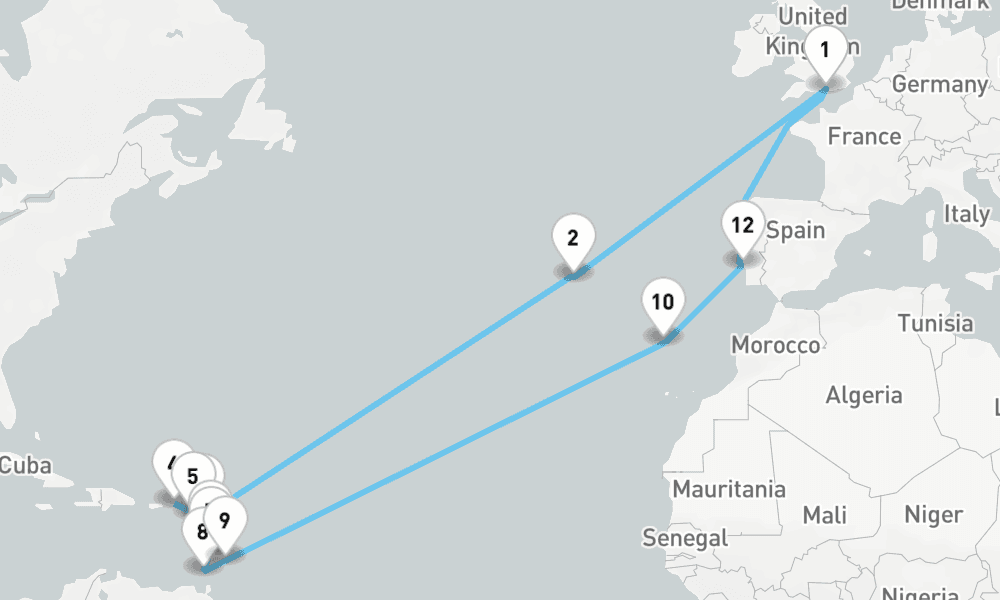 30 nights / 31 days, Portsmouth (England) Round trip