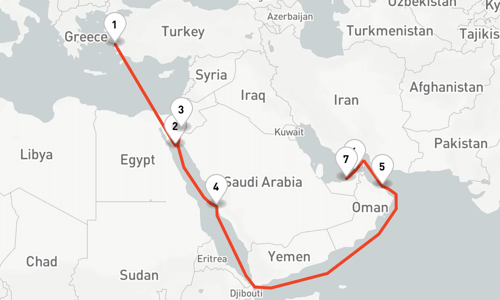 13 nights / 14 days, one-way from Kusadasi (Ephesus, Turkey) to Abu Dhabi