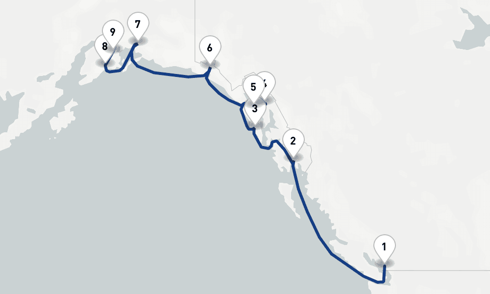 10 nights / 11 days, one-way from Vancouver (BC Canada) to Whittier (Alaska)