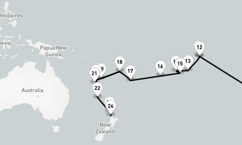 49 nights / 50 days, one-way from Fort Lauderdale (Everglades, Florida) to Auckland