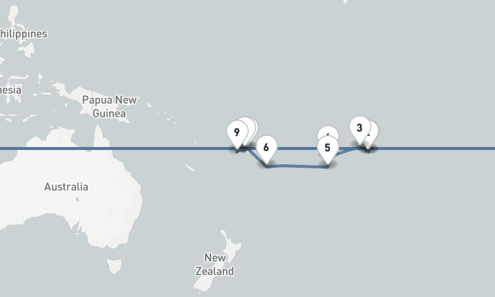 15 nights / 16 days, one-way from Papeete (Tahiti Island, French Polynesia) to Lautoka