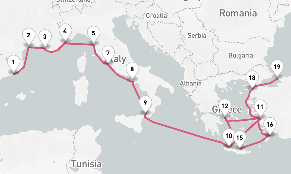 21 nights / 22 days, one-way from Barcelona to Istanbul