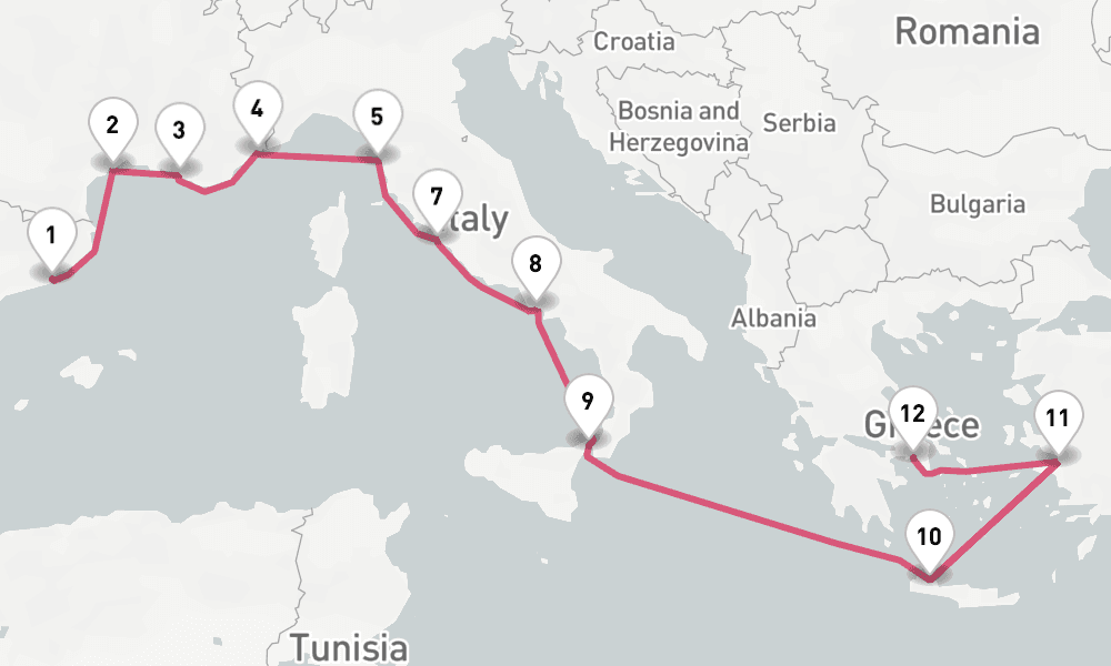 14 nights / 15 days, one-way from Barcelona to Piraeus (Athens, Greece)