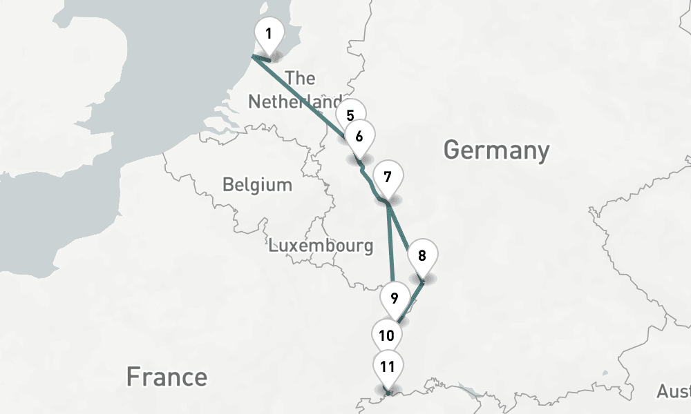 9 nights / 10 days, one-way from Amsterdam (Holland) to Basel