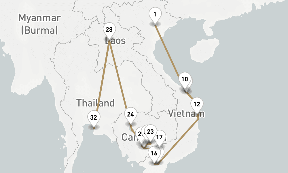 24 nights / 25 days, one-way from Hanoi to Laem Chabang (Bangkok, Thailand)