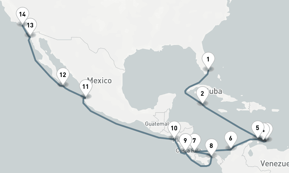22 nights / 23 days, one-way from Miami (Florida) to Los Angeles (San Pedro / Long Beach)