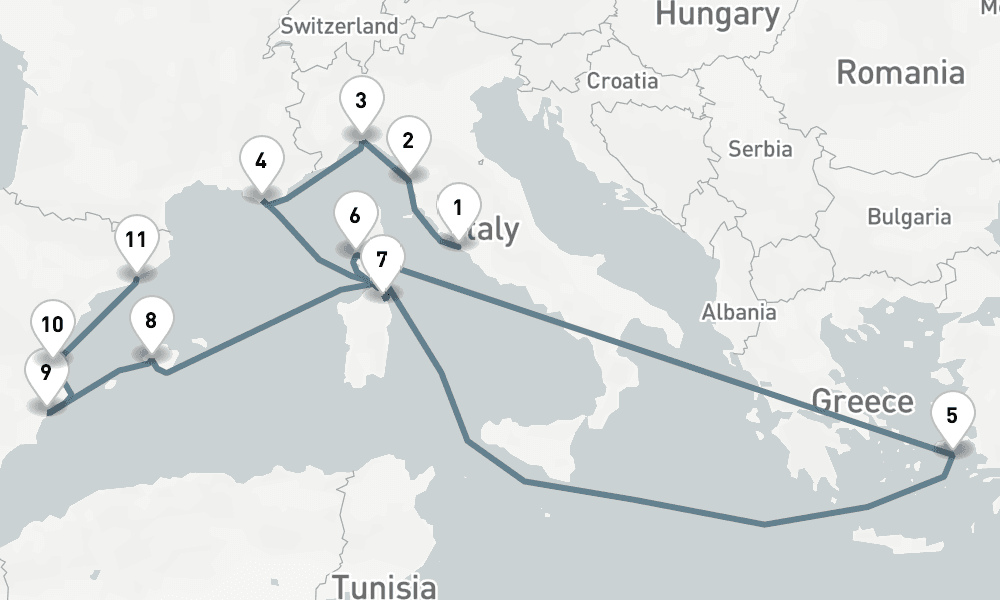 12 nights / 13 days, one-way from Civitavecchia (Rome, Italy) to Barcelona