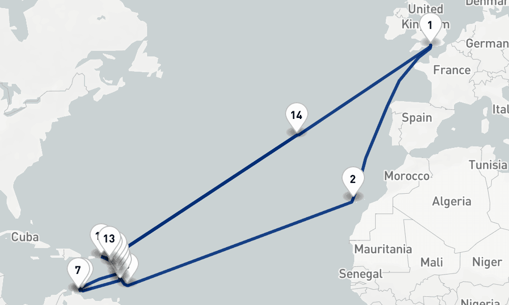 35 nights / 36 days, Southampton (England) Round trip