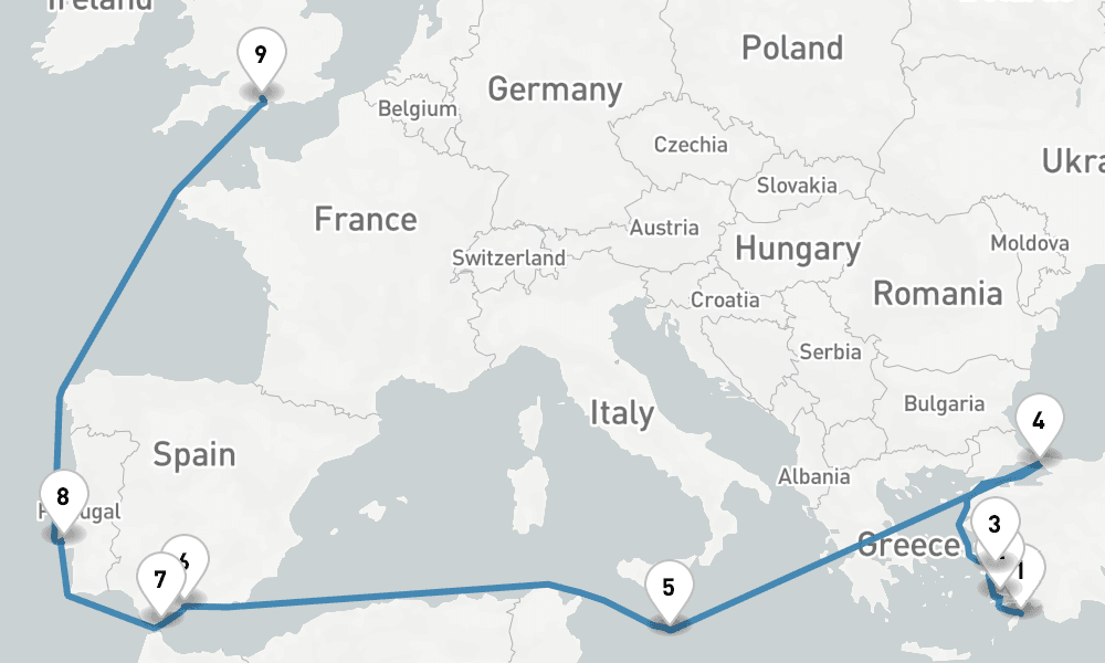 19 nights / 20 days, one-way from Rhodes Island to Southampton (England)