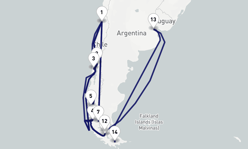 15 nights / 16 days, one-way from Valparaiso (Santiago, Chile) to Ushuaia
