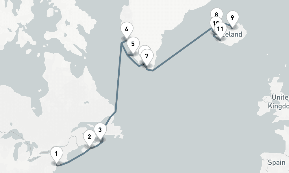 18 nights / 19 days, one-way from New York (Cape Liberty NYC) to Reykjavik