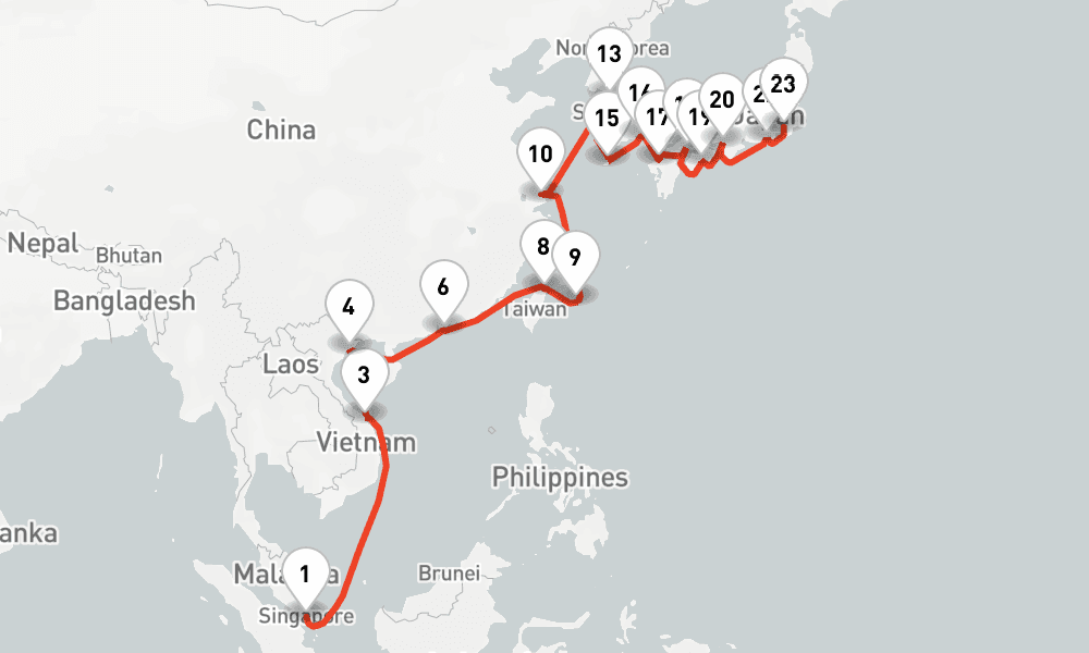 29 nights / 30 days, one-way from Singapore to Tokyo