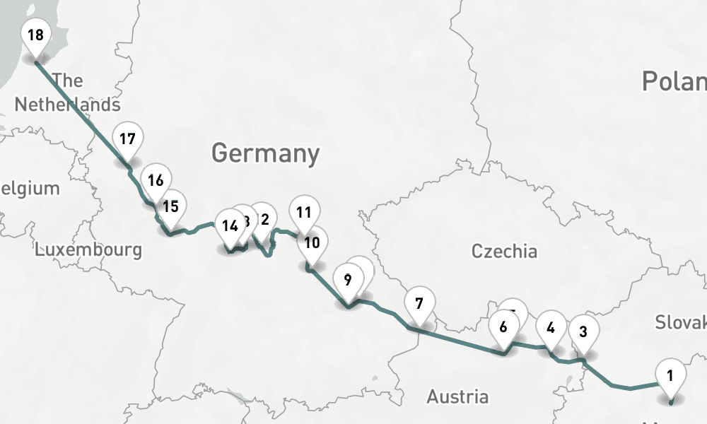14 nights / 15 days, one-way from Budapest to Amsterdam (Holland)