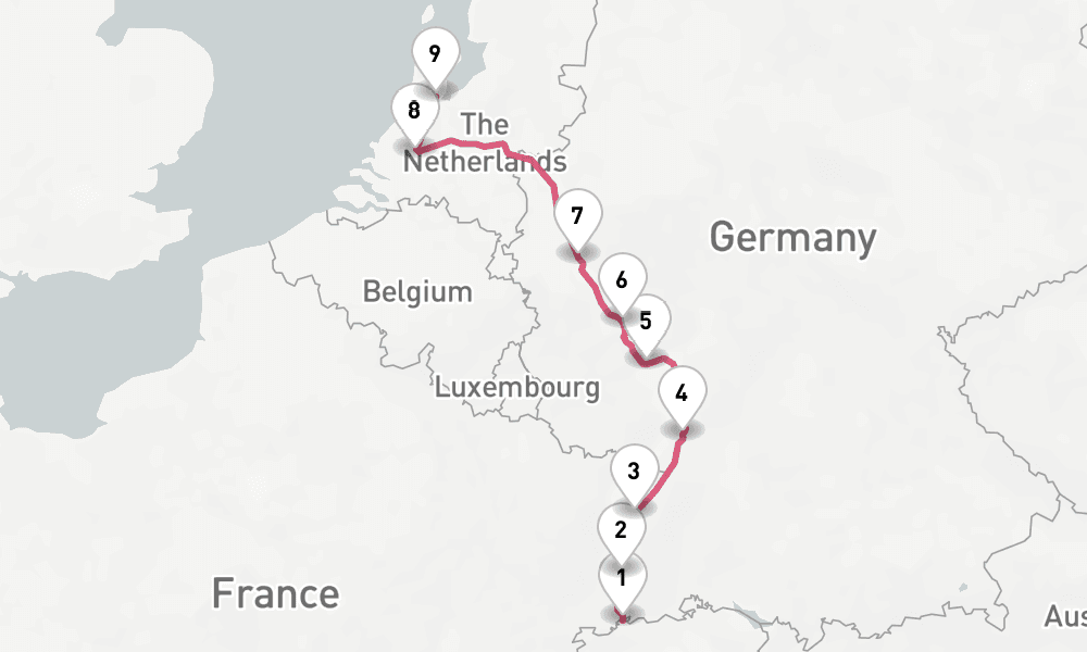 7 nights / 8 days, one-way from Basel to Amsterdam (Holland)
