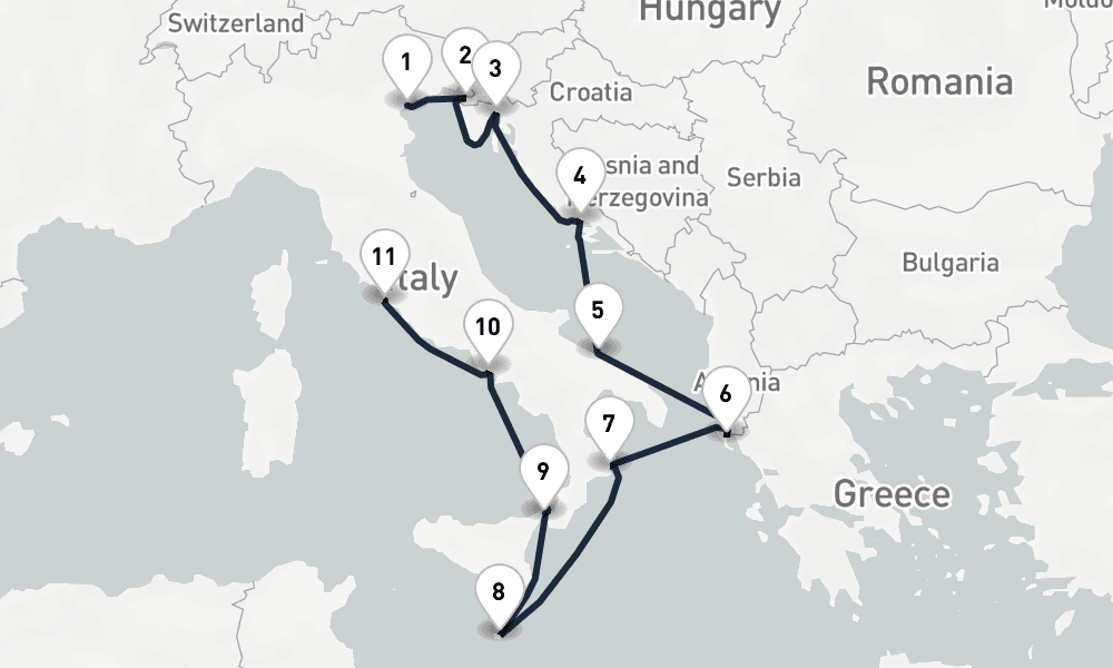 10 nights / 11 days, one-way from Venice to Civitavecchia (Rome, Italy)