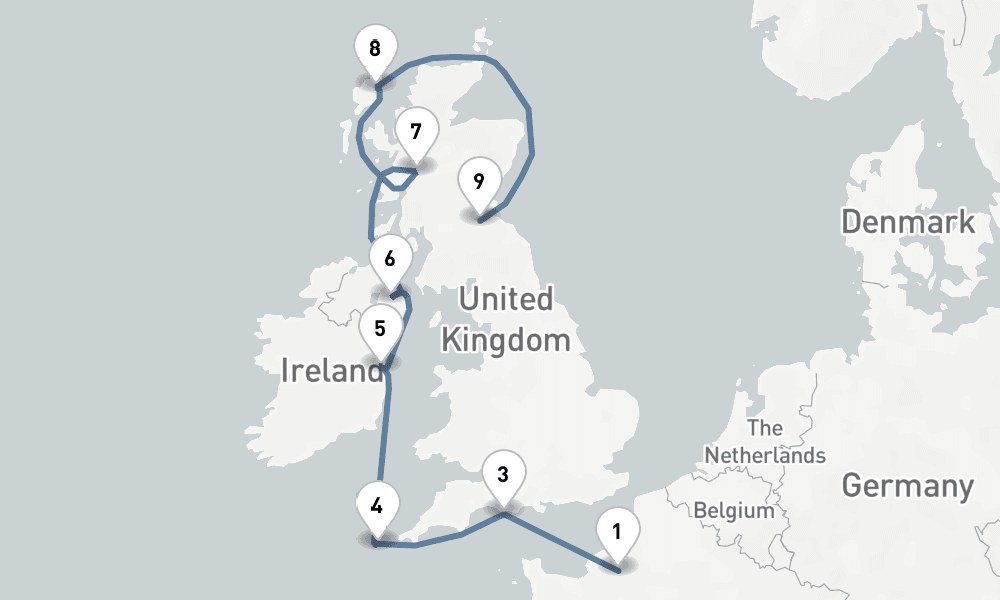 10 nights / 11 days, one-way from Rouen to Edinburgh (Leith, Scotland)