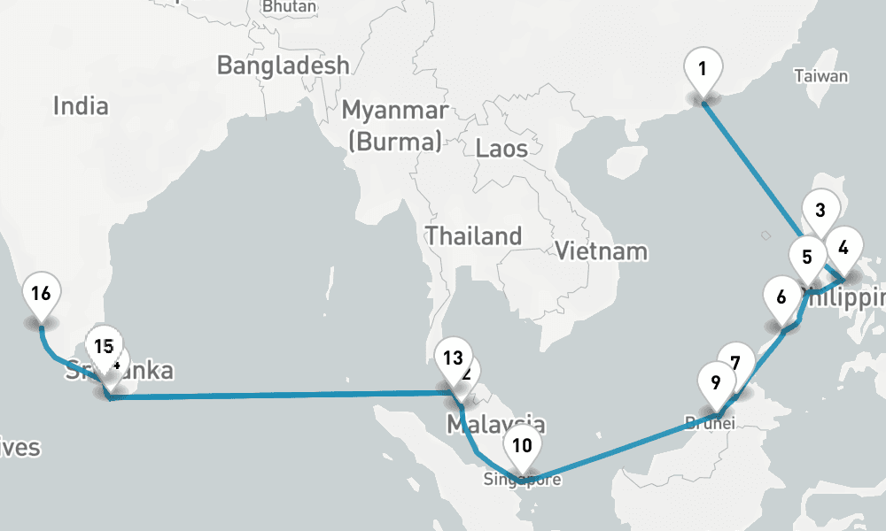 24 nights / 25 days, one-way from Hong Kong to Cochin