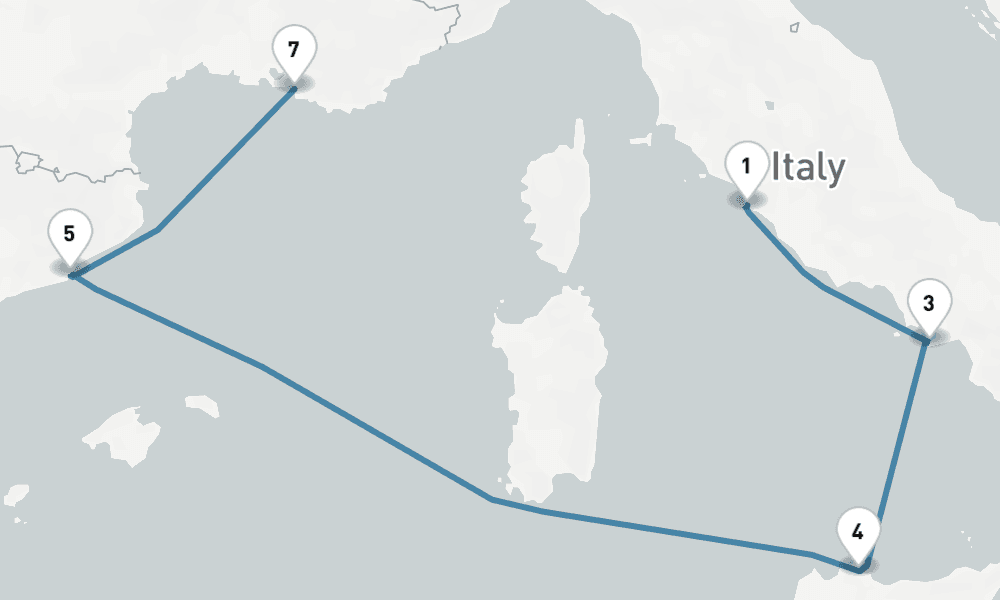 10 nights / 11 days, one-way from Civitavecchia (Rome, Italy) to Marseille