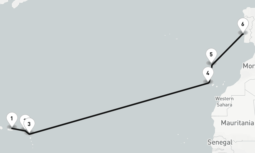 14 nights / 15 days, one-way from San Juan (Puerto Rico) to Lisbon