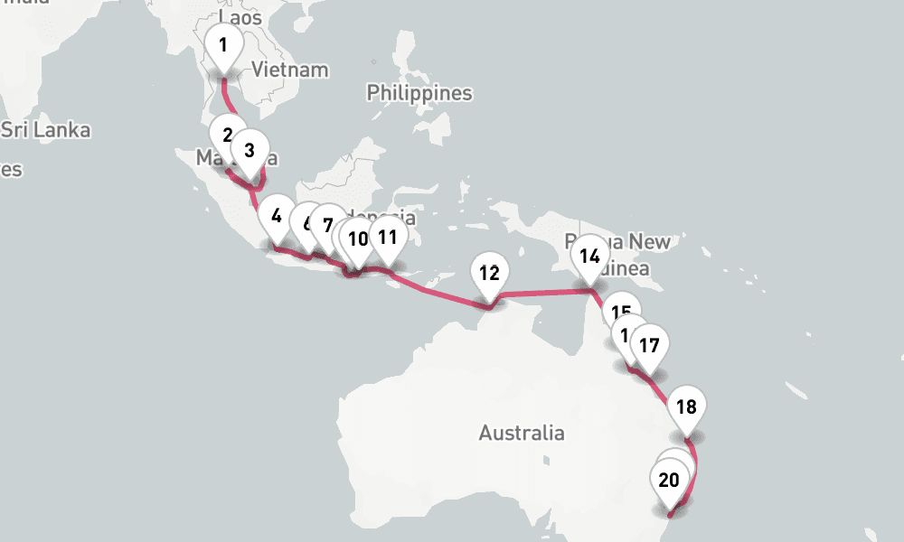 28 nights / 29 days, one-way from Laem Chabang (Bangkok, Thailand) to Sydney (NSW, Australia)