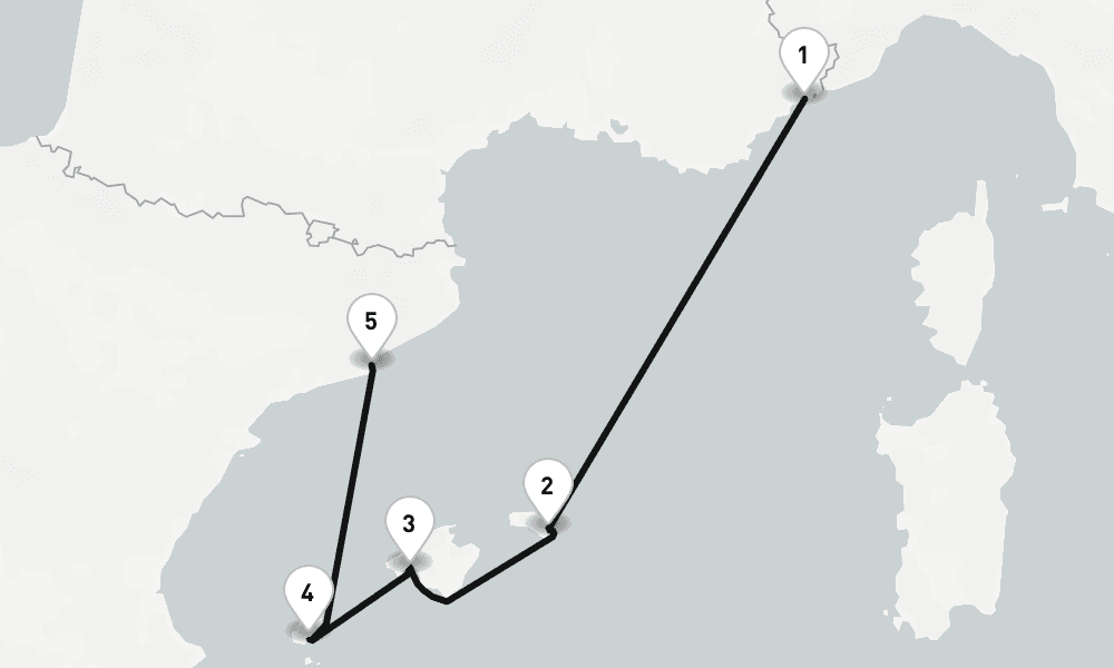 6 nights / 7 days, one-way from Villefranche-sur-Mer (Nice, France Riviera) to Barcelona