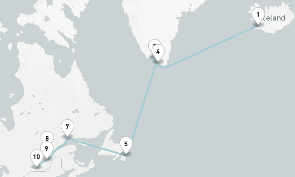 14 nights / 15 days, one-way from Reykjavik to Montreal (Quebec, Canada)