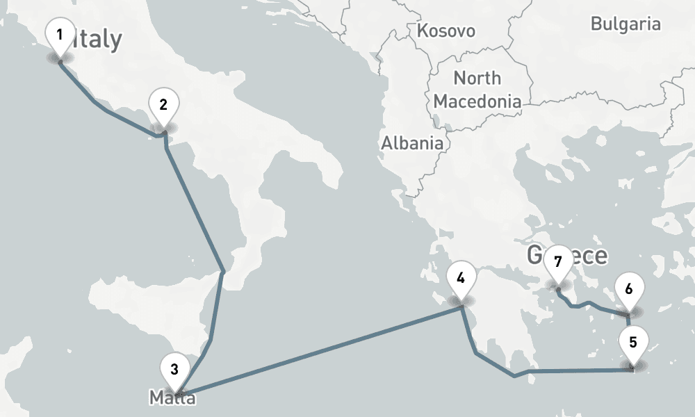 7 nights / 8 days, one-way from Civitavecchia (Rome, Italy) to Piraeus (Athens, Greece)