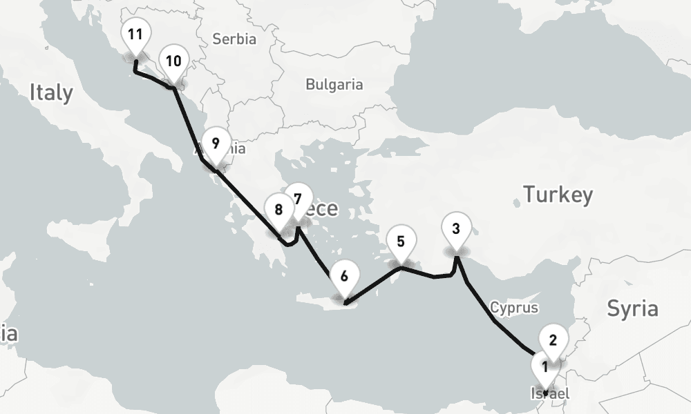 12 nights / 13 days, one-way from Ashdod (Jerusalem, Israel) to Split