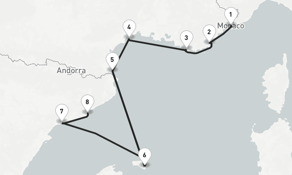 7 nights / 8 days, one-way from Monte Carlo (Monaco, France Riviera) to Barcelona
