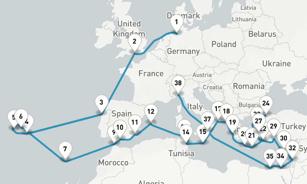 48 nights / 49 days, one-way from Bremerhaven (Bremen, Germany) to Genoa