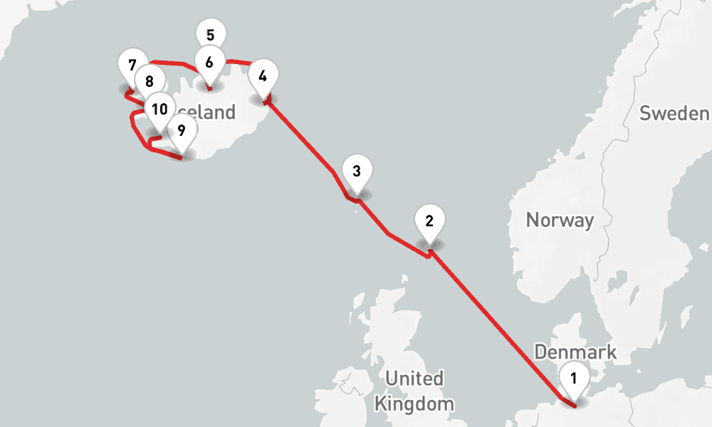 12 nights / 13 days, one-way from Hamburg to Reykjavik