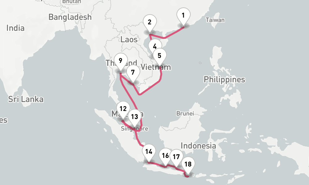 26 nights / 27 days, one-way from Hong Kong to Benoa (Bali, Indonesia)