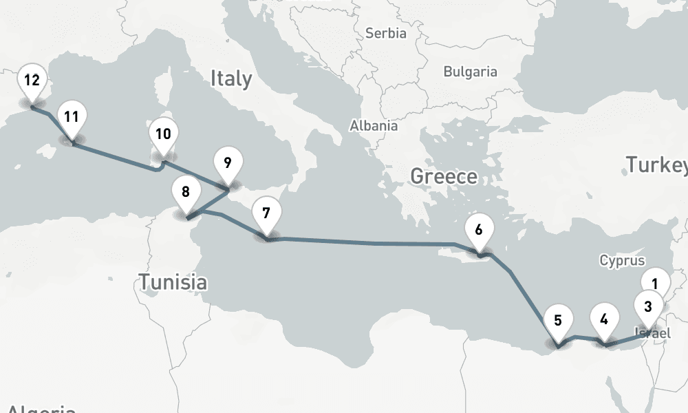 13 nights / 14 days, one-way from Haifa (Tel Aviv, Israel) to Barcelona