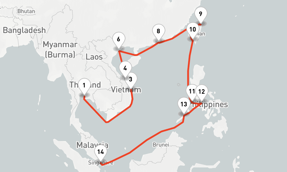 21 nights / 22 days, one-way from Laem Chabang (Bangkok, Thailand) to Singapore