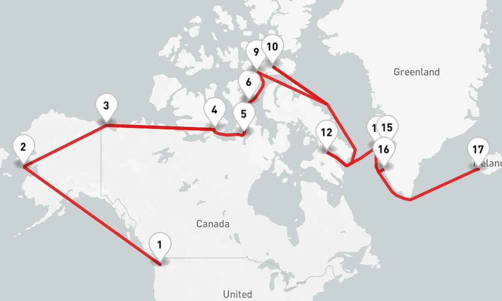 23 nights / 24 days, one-way from Seattle (Washington) to Reykjavik