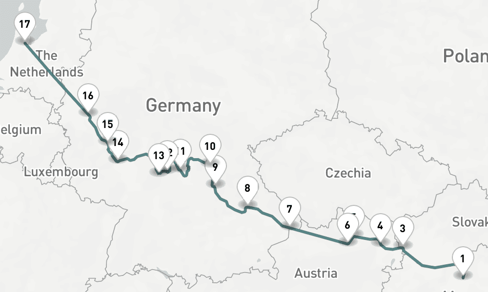 14 nights / 15 days, one-way from Budapest to Amsterdam (Holland)