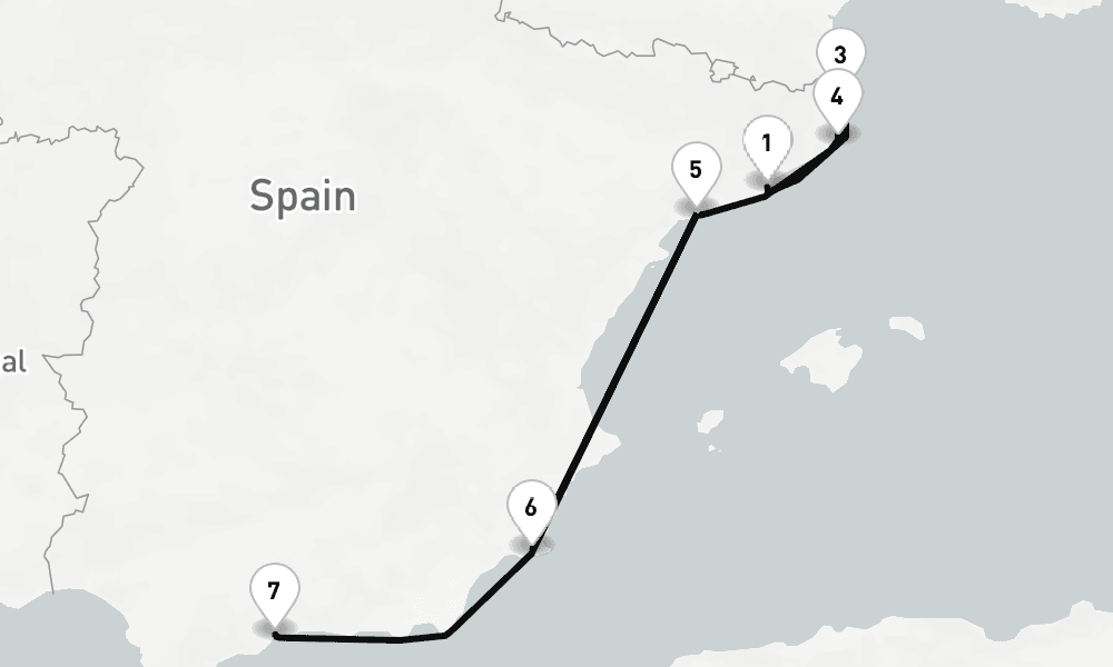 7 nights / 8 days, one-way from Barcelona to Malaga