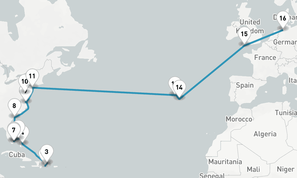 29 nights / 30 days, one-way from Santo Domingo (Dominican Republic) to Bremerhaven (Bremen, Germany)