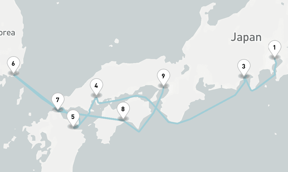 9 nights / 10 days, one-way from Tokyo to Kobe (Osaka-Kyoto, Japan)