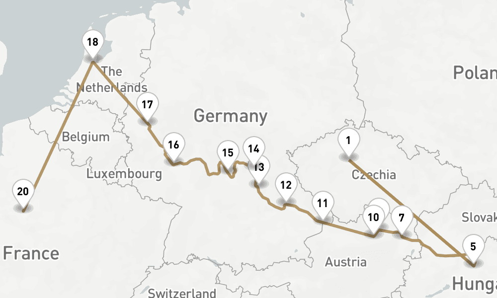 20 nights / 21 days, one-way from Prague (Czech Republic) to Paris