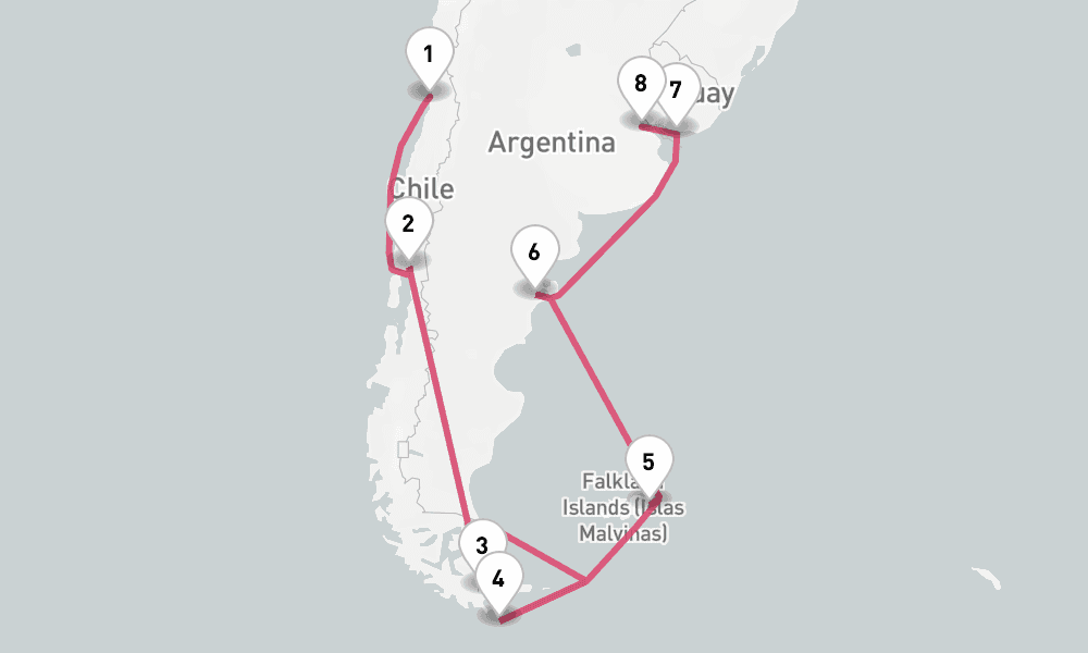 17 nights / 18 days, one-way from Valparaiso (Santiago, Chile) to Buenos Aires