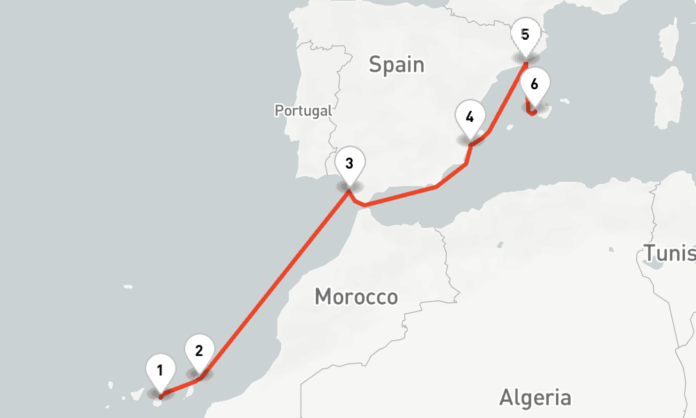 7 nights / 8 days, one-way from Las Palmas (Gran Canaria, Canary Islands) to Palma de Mallorca (Majorca Island, Spain)