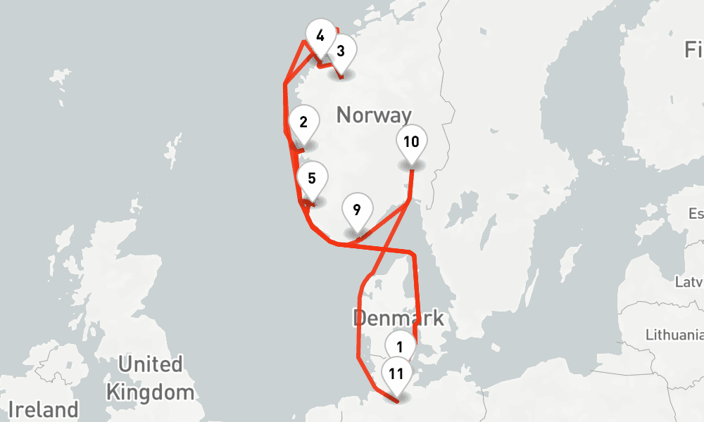 14 nights / 15 days, one-way from Kiel to Hamburg