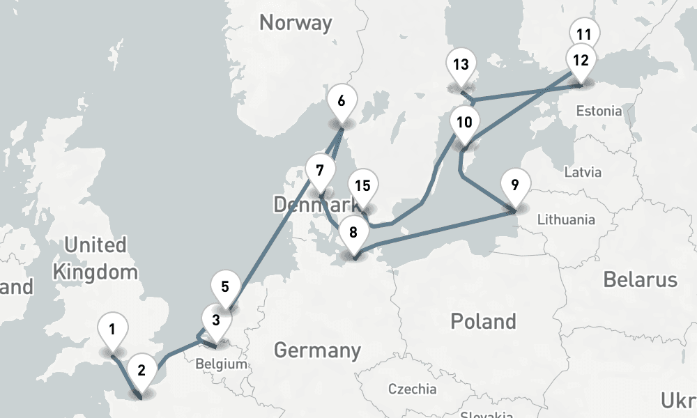 18 nights / 19 days, one-way from Southampton (England) to Copenhagen