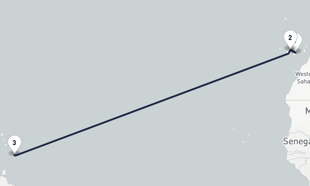 15 nights / 16 days, one-way from Las Palmas (Gran Canaria, Canary Islands) to Bridgetown (Barbados)