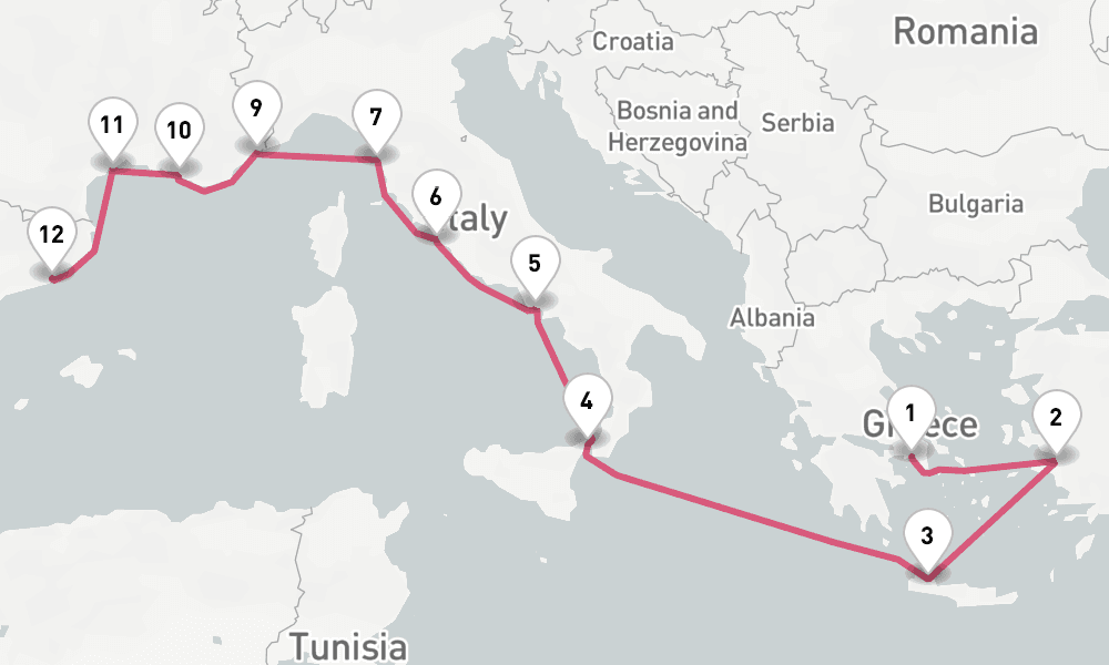 14 nights / 15 days, one-way from Piraeus (Athens, Greece) to Barcelona
