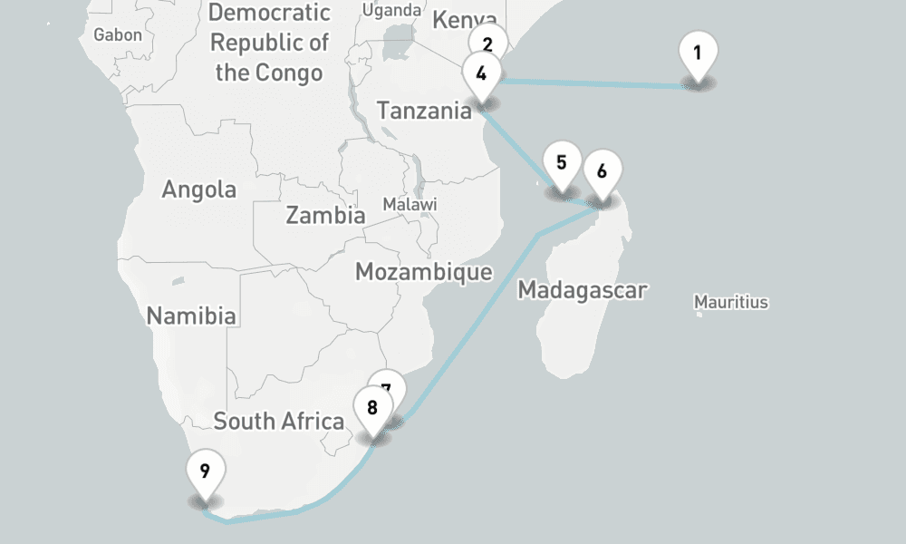 17 nights / 18 days, one-way from Mahe Island (Victoria, Seychelles) to Cape Town