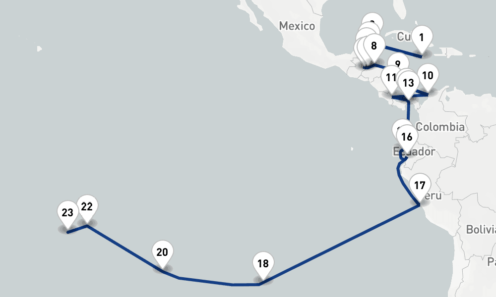 37 nights / 38 days, one-way from Kingston to Papeete (Tahiti Island, French Polynesia)