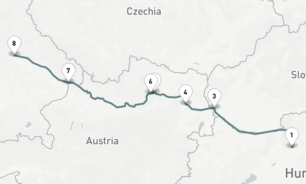 7 nights / 8 days, one-way from Budapest to Regensburg
